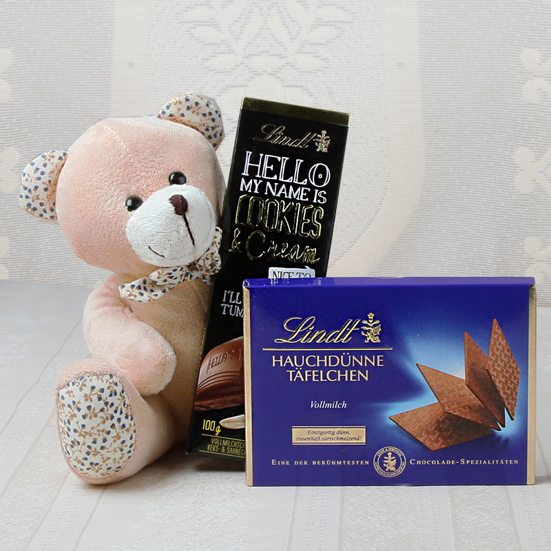 Teddy bear with Hello and Lindt Thin Chocolate