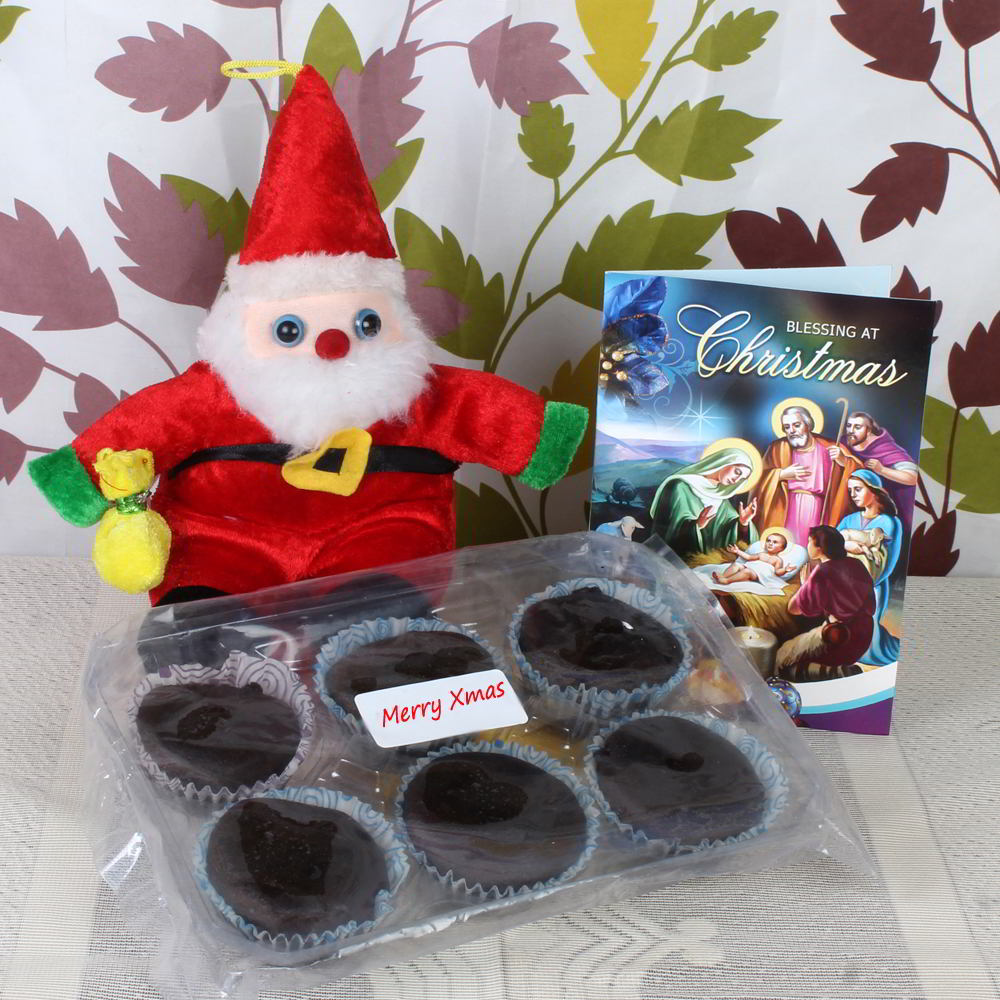 Cup Cake and Christmas Greeting Card with Toy Santa