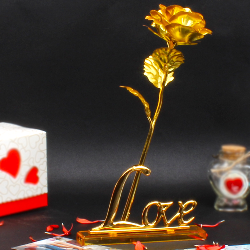 Gold Plated Rose With Love Stand For Valentine Gift