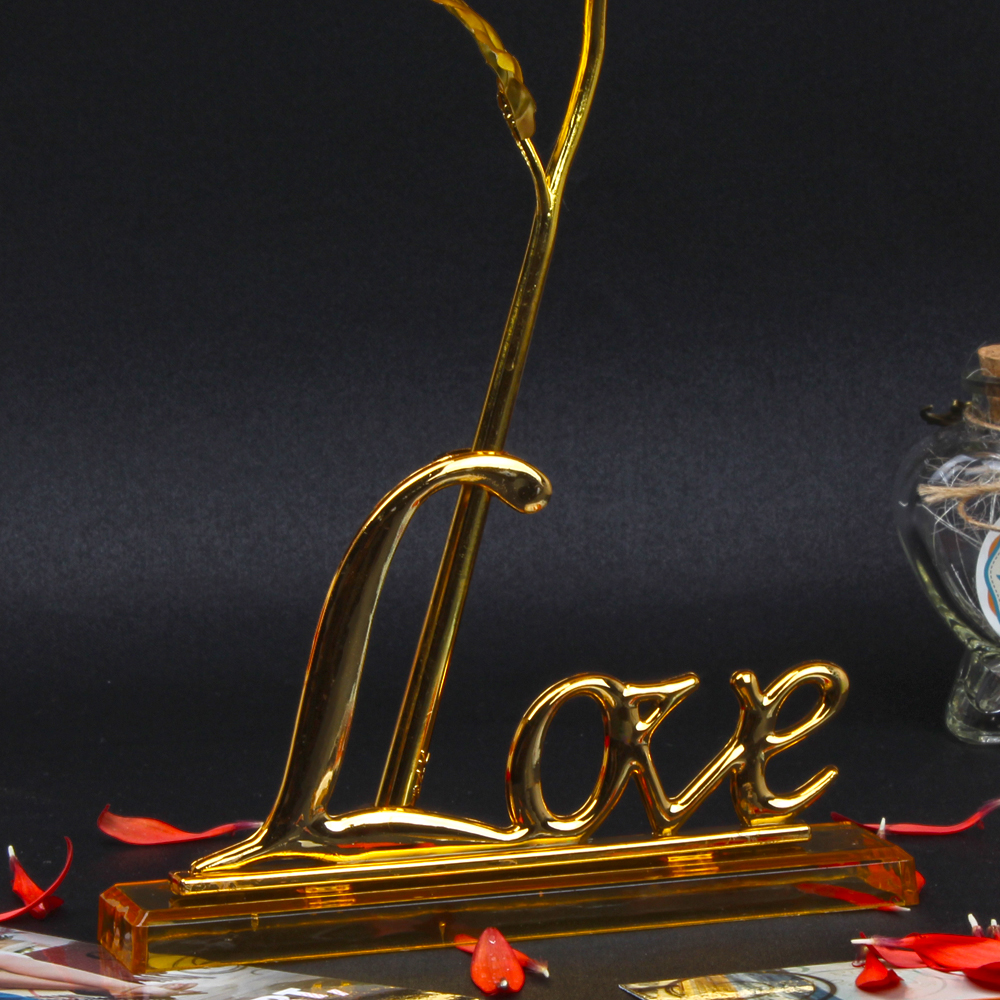 Gold Plated Rose With Love Stand For Valentine Gift
