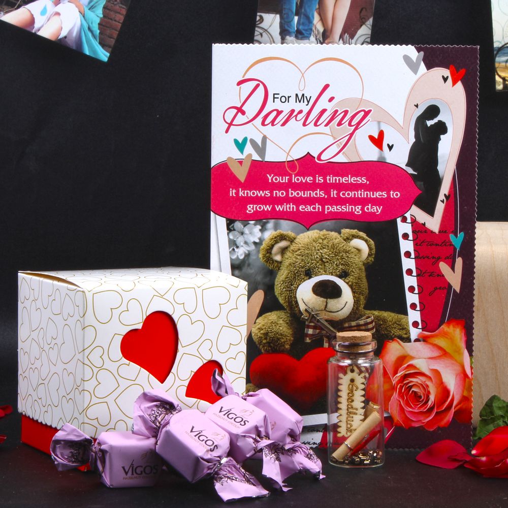 Valentine Gift of Message Bottle and Vigos Toffee with Love Card