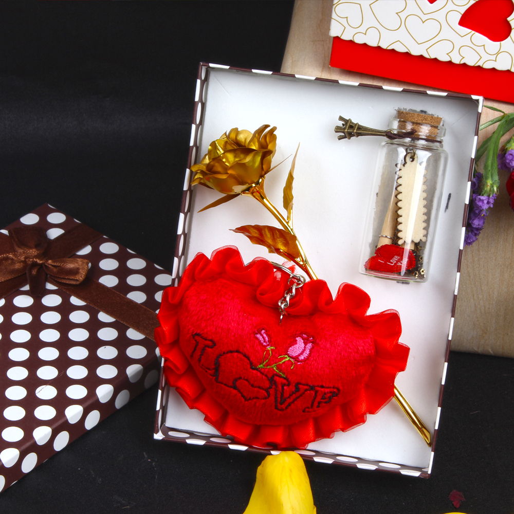 GOLDEN ROSE WITH MESSAGE BOTTLE AND HEART LOVE COMBO