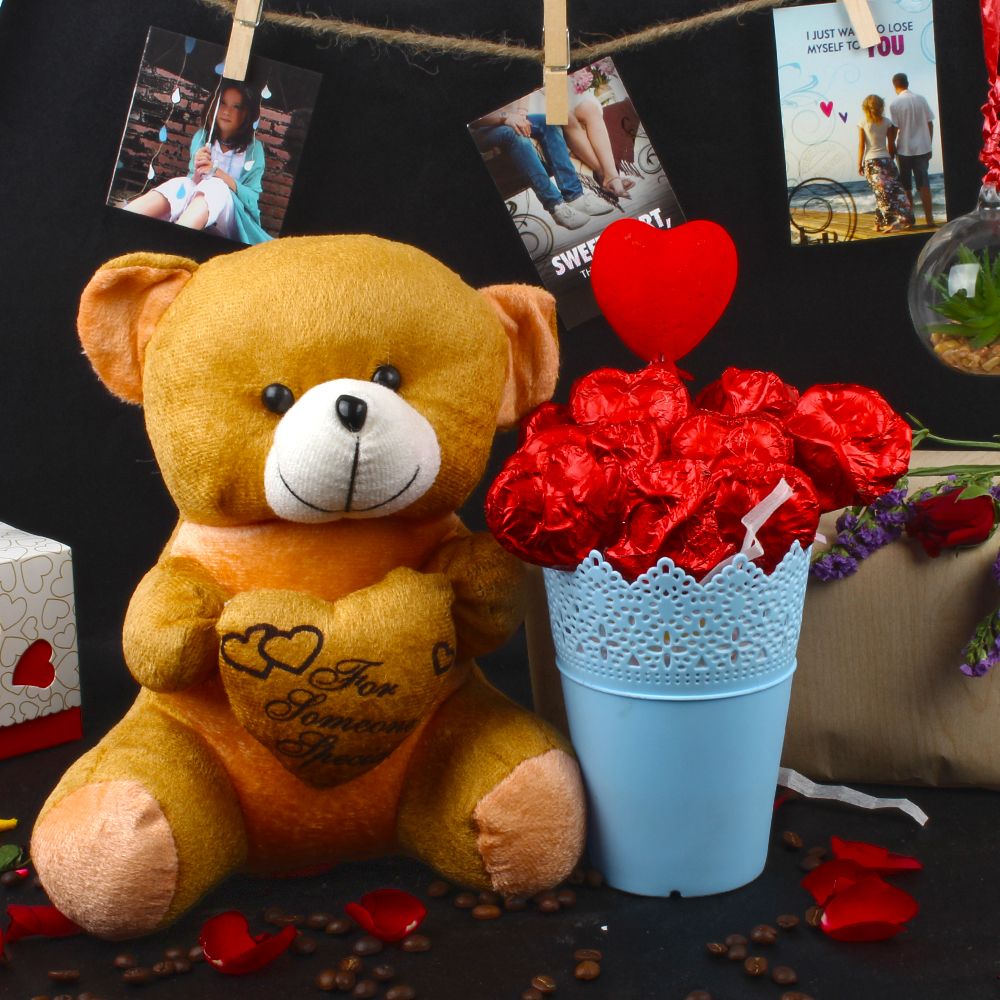 Valentines Gift of Chocolaty Roses Bouquet with Teddy Bear