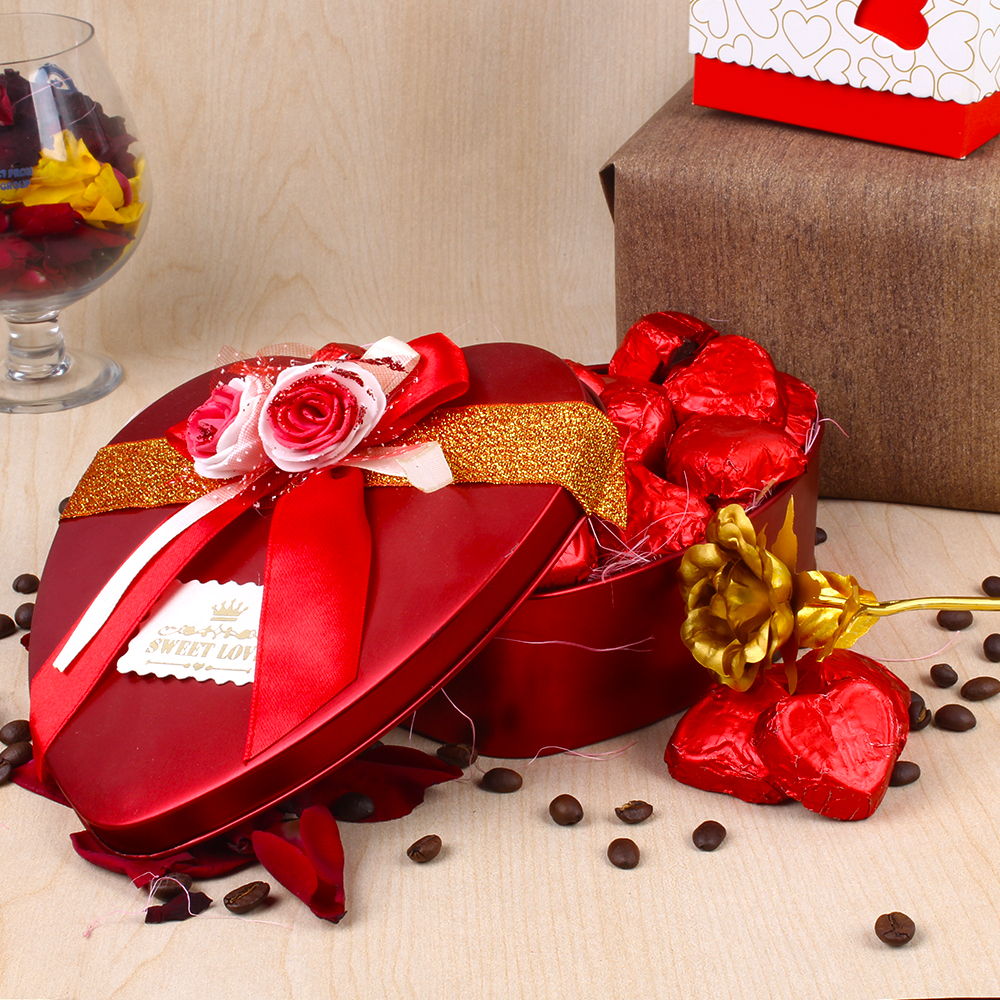 Valentines Hamper of Heart Shape Chocolates and Golden Rose