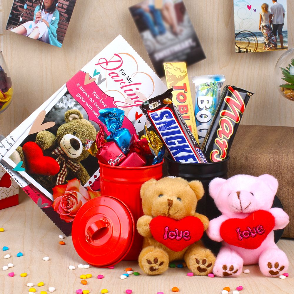 Love Couple Teddy Bears and Imported Chocolate Valentine Combo