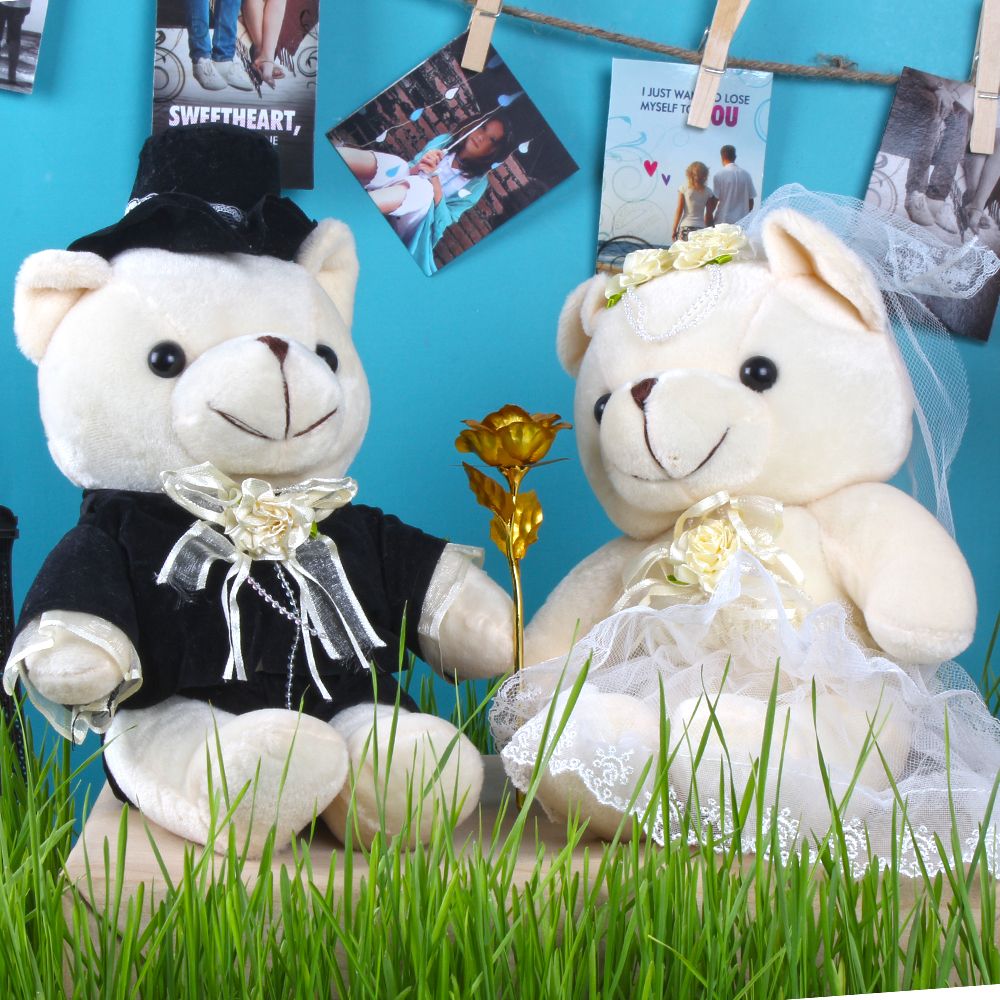 Wedding Couple Bear with Gold Plated Golden Rose for Cute Lover