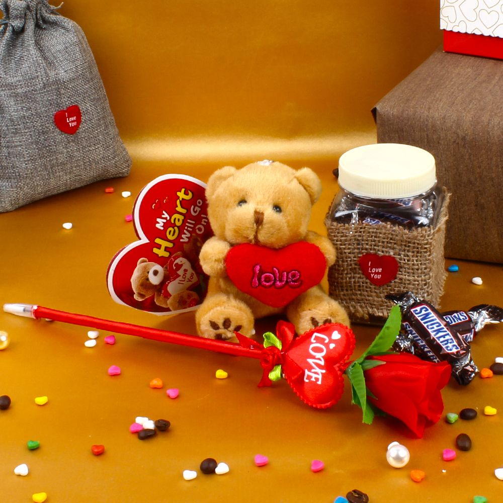 Snickers Miniatures Jar with Teddy Hamper Including Love Card and Artificial Rose