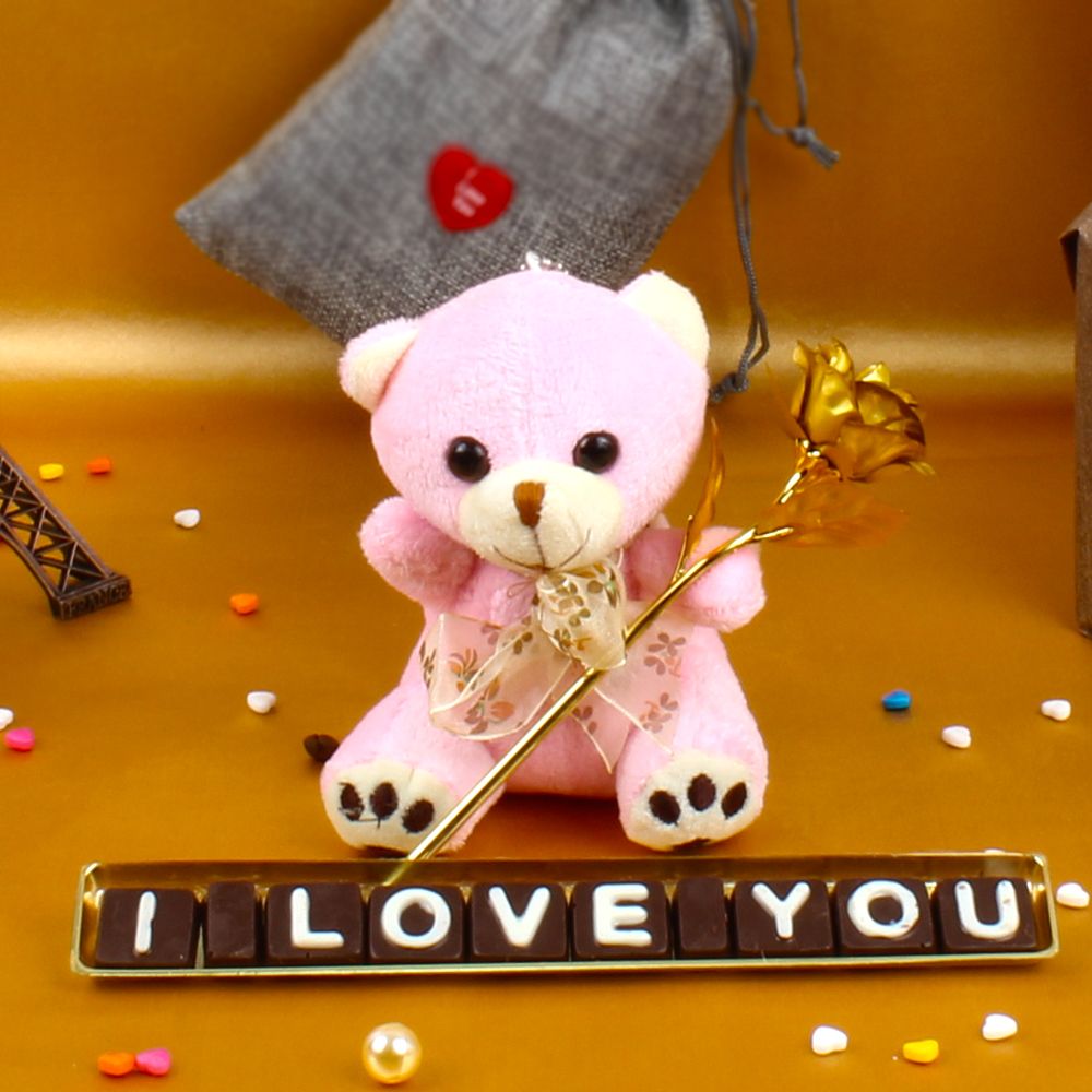 Teddy with Love You Chocolates and Gold Plated Golden Rose For My Valentine