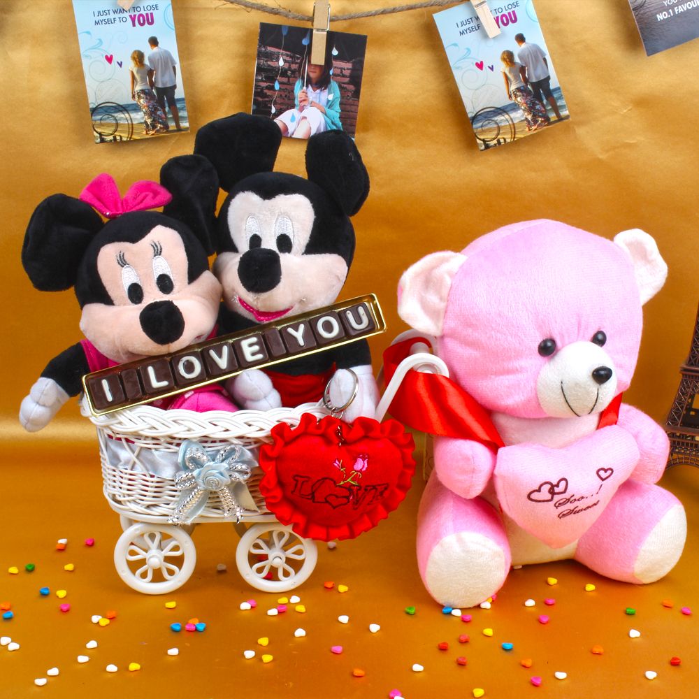 Mickey Minnie Mouse Toy Hand Cart with Love Chocolates Combo Including Teddy and Heart