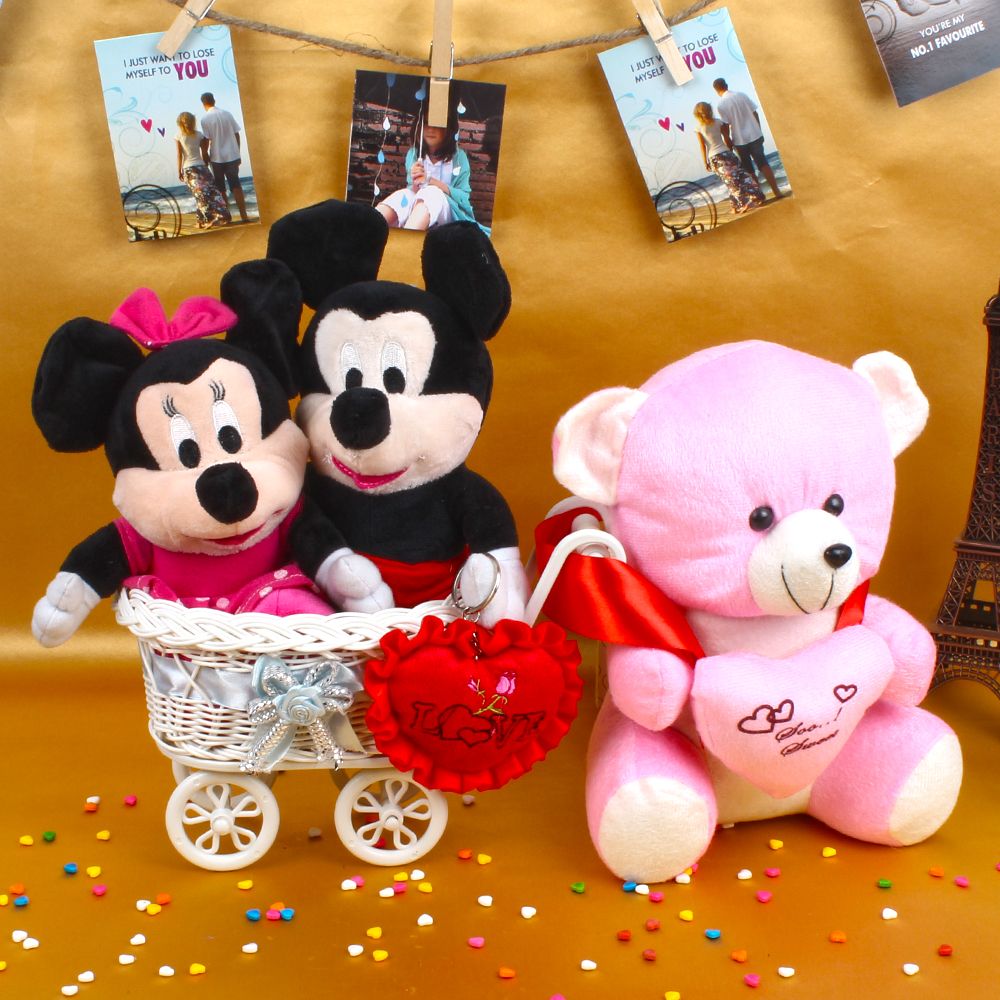 Teddy with Mickey Minnie Mouse Toy and Small Red Heart