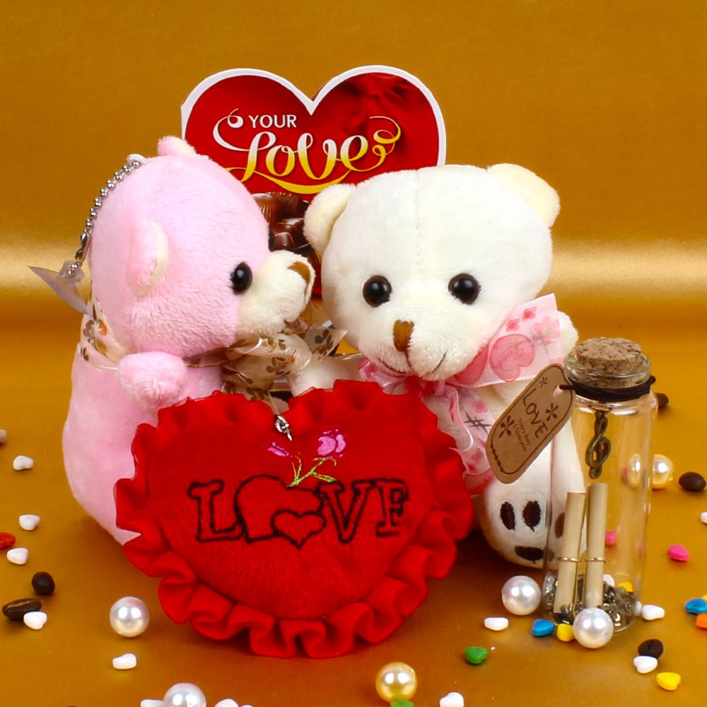 Couple Teddy Holding Heart with Love Card and Customize Message Scroll Bottle