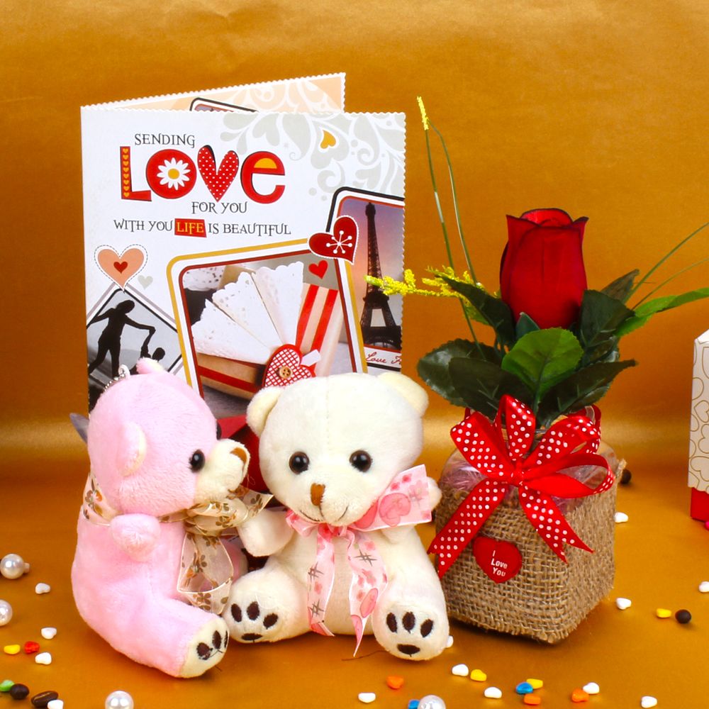 Red Rose with Couple Teddy Bear and Love Greeting Card