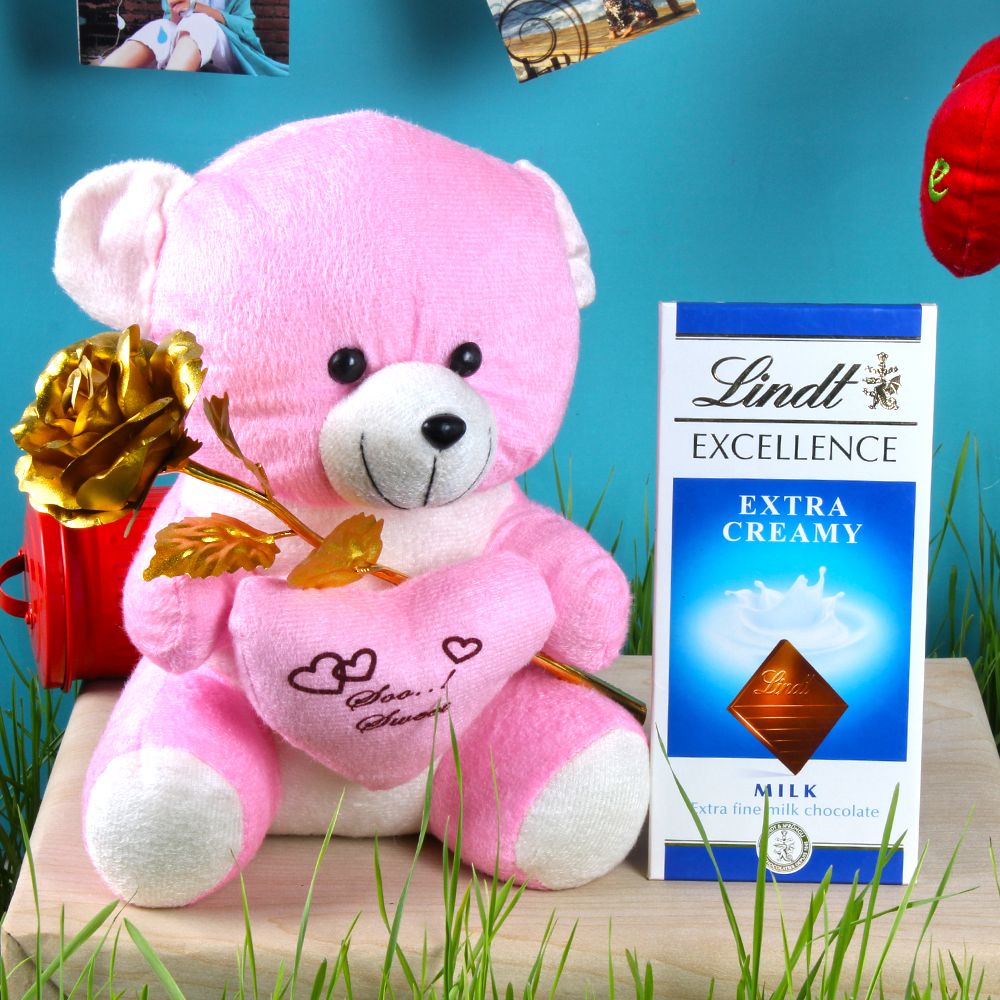 Golden Rose with Teddy Bear Holding a Heart and Lindt Chocolate