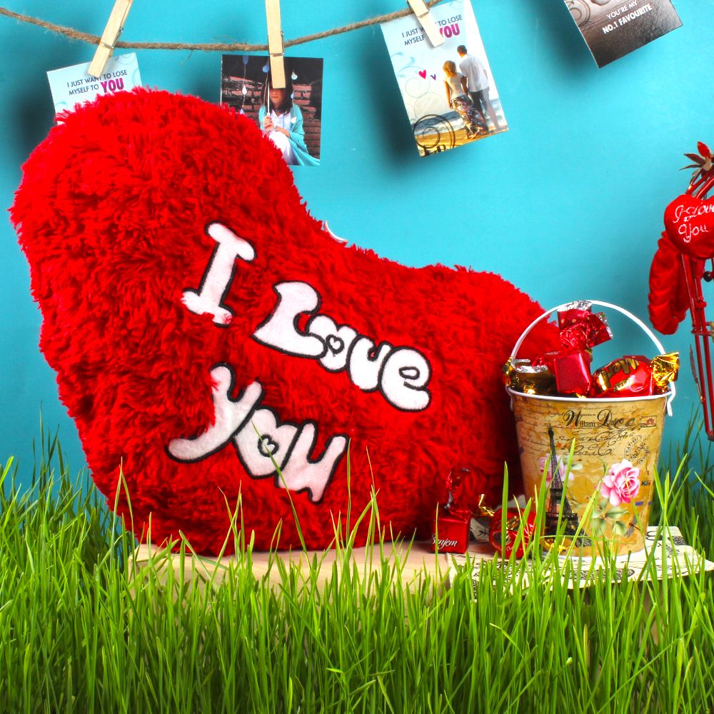 Love You Heart Shape Cushion with Imported Toffees Bucket