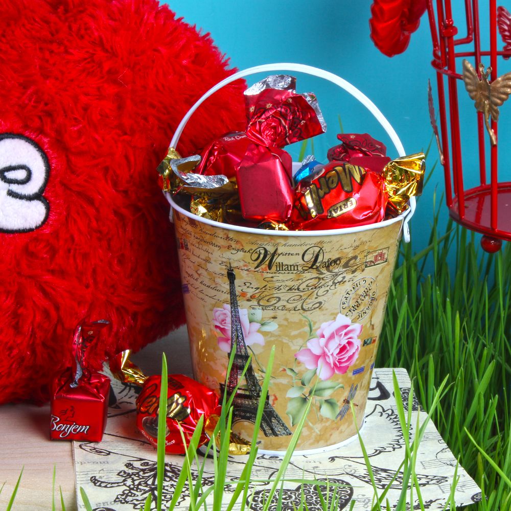 Love You Heart Shape Cushion with Imported Toffees Bucket