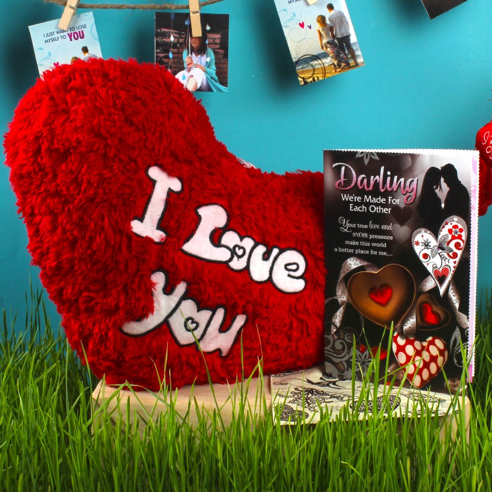 Love Greeting Card with Soft Heart Shape Cushion
