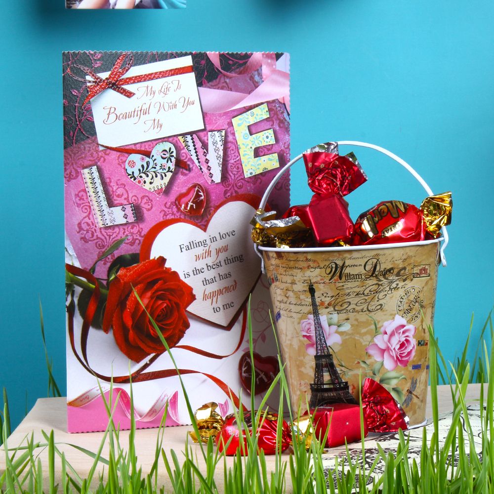Imported Toffees Bucket and Love Greeting Card