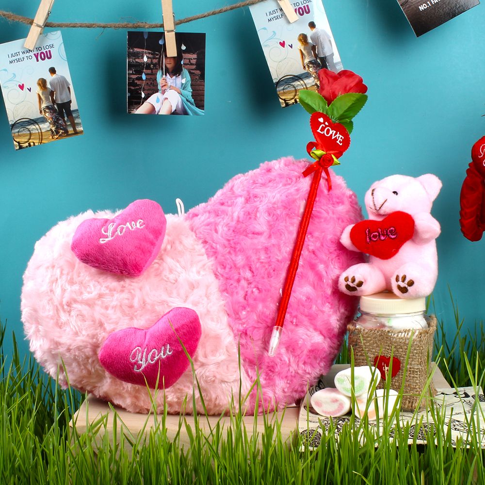 Dual Color Shades Heart Cushion with Artifical Rose and Teddy including Marshmallow