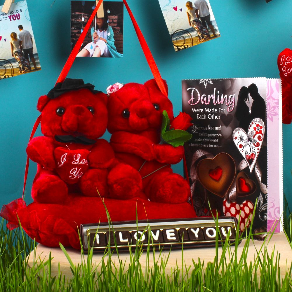 Hanging Couple Teddy with Love You Chocolate and Greeting Card