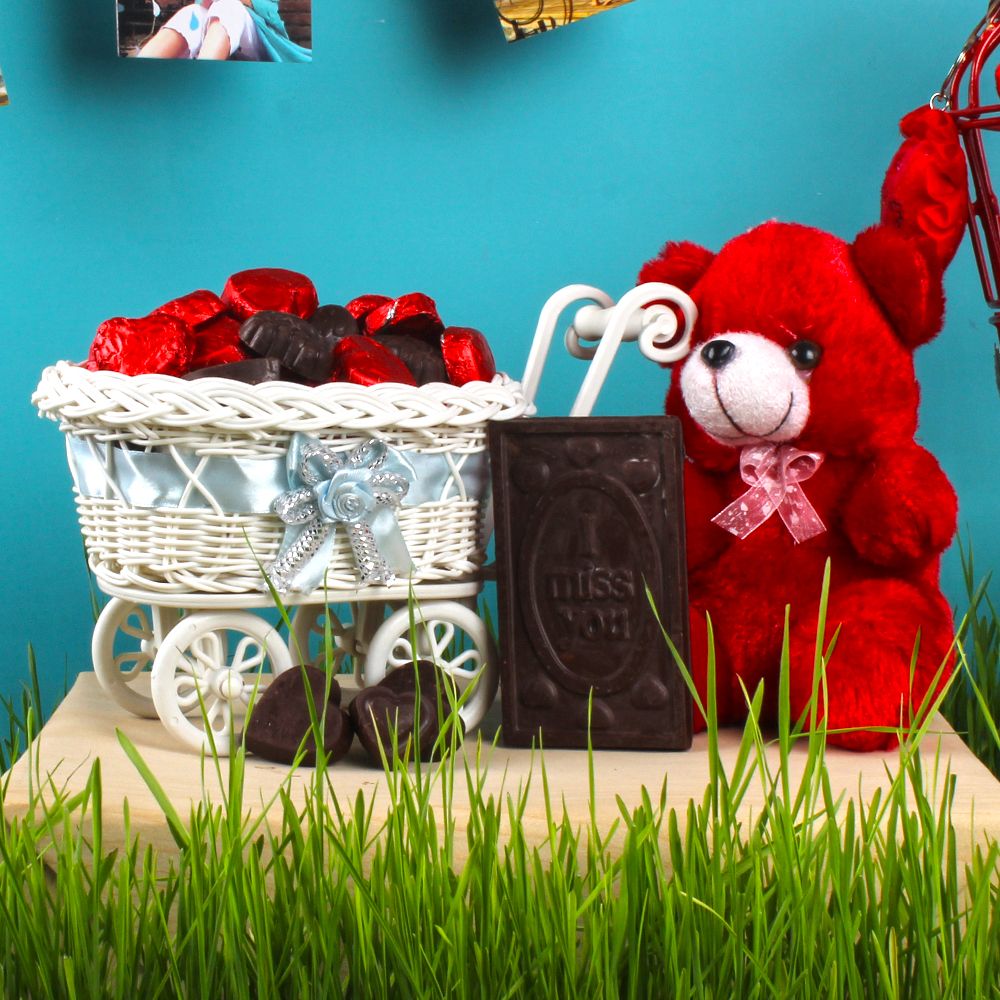 Teddy Bear with  Miss You and Homemade Chocolate Hand Cart