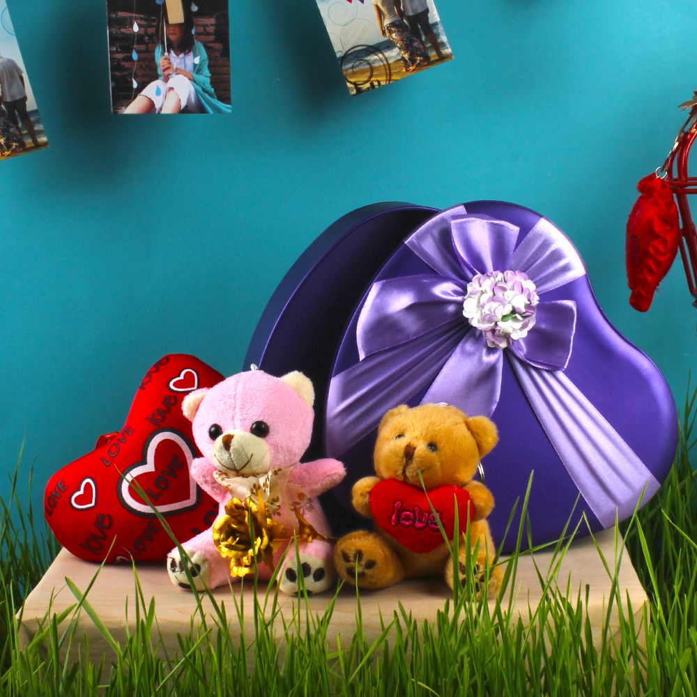 Soft Toy Heart Shape Gift Box with Gold Plated Rose