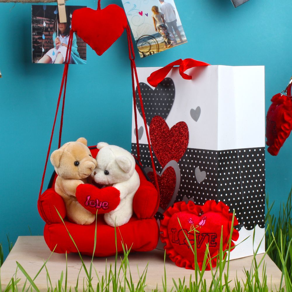 Hanging Sofa with Couple Love Teddy and Red Heart