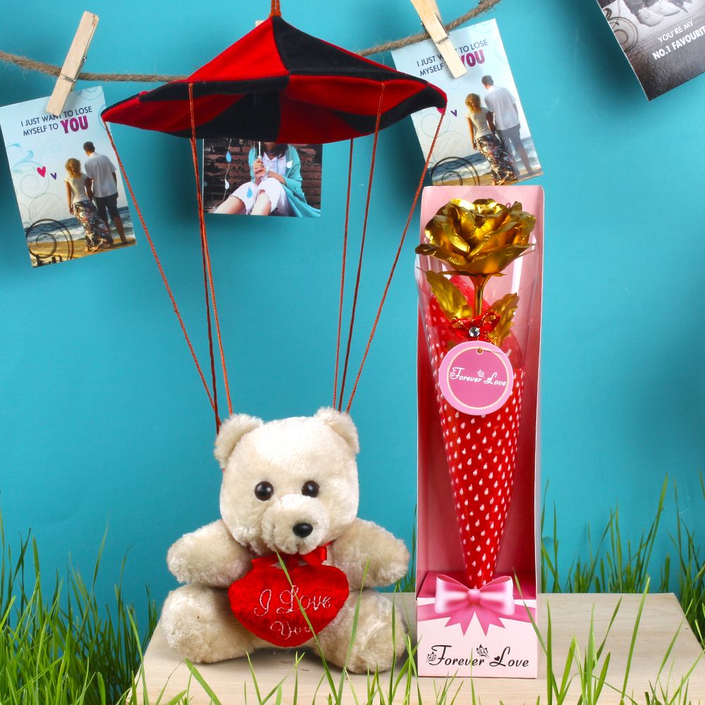 Parachute Hanging Teddy and Gold Plated Rose for Love Forever