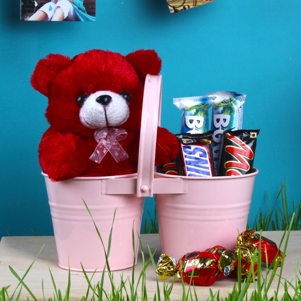 Twin Love Basket of Teddy and Imported Chocolates