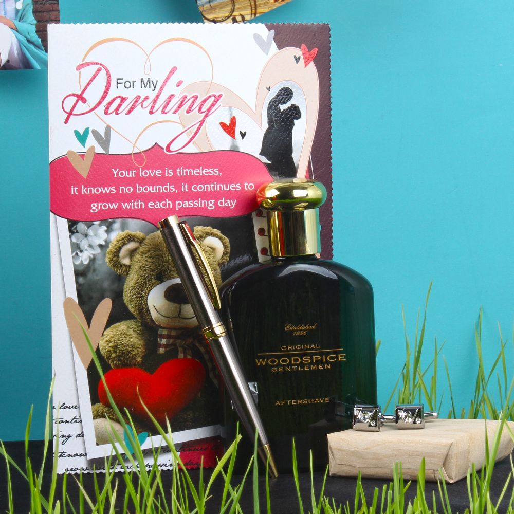 WOODSPICE Aftershave with Pen Gifts Including Cufflinks and Card
