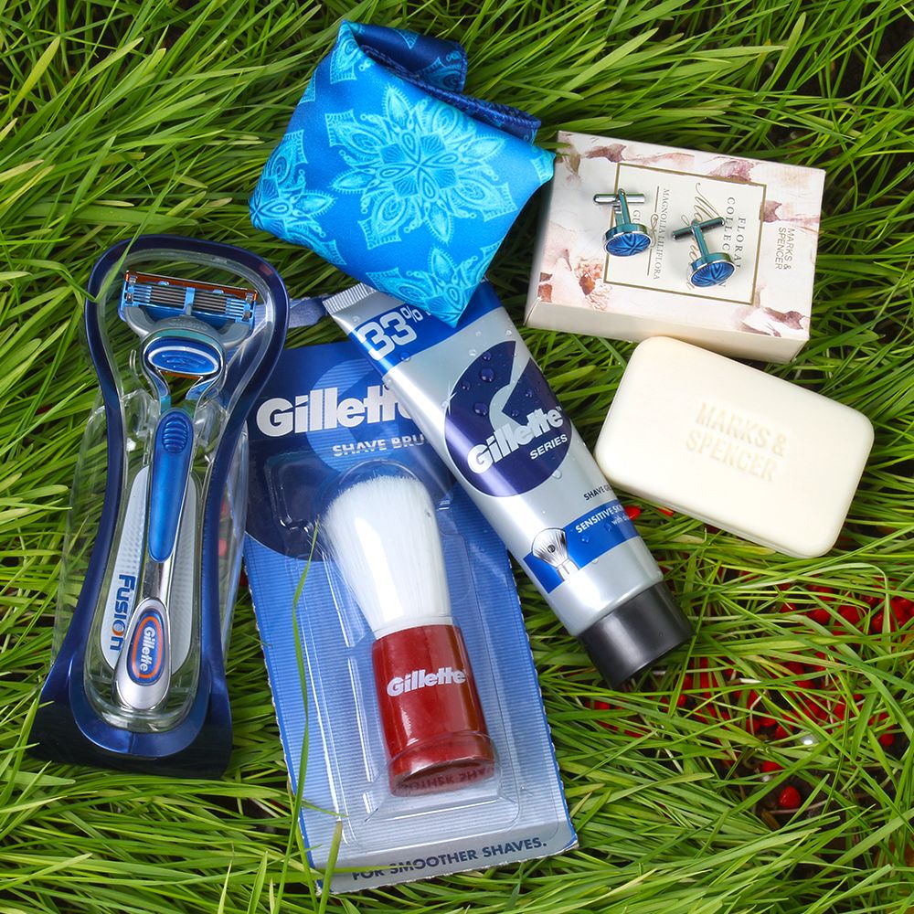 Gillette Combo with Marks Spencer Soap and Polyester Designary Cufflinks Handkerchief