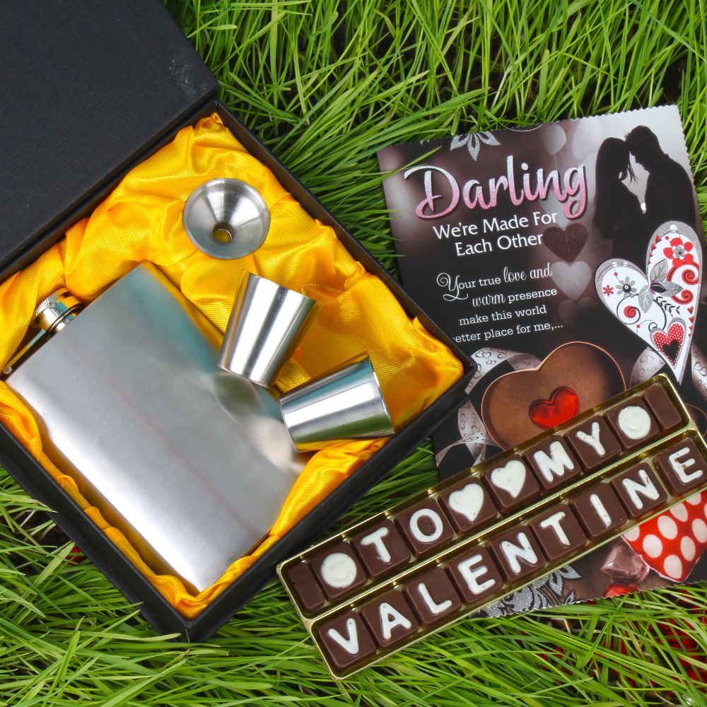 Valentine Home Chocolate with Liquor Silver Hip Flask Gift Set and Love Card