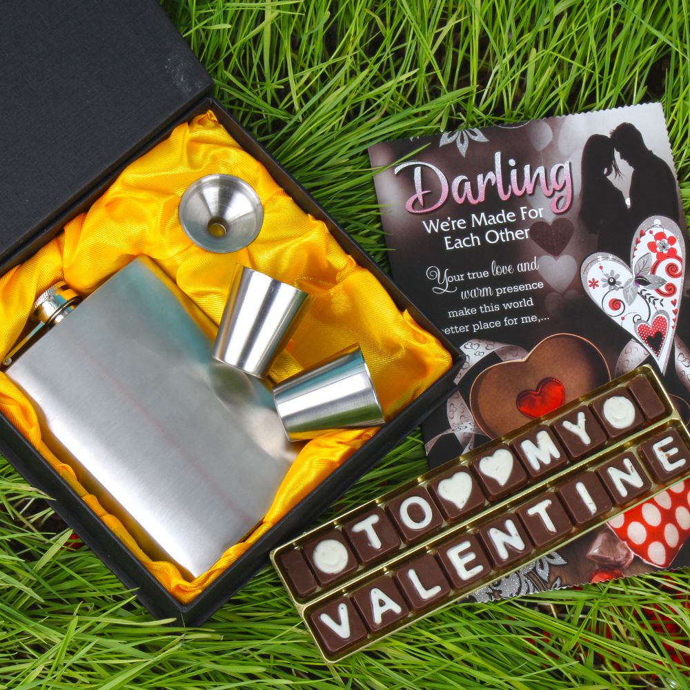 Valentine Home Chocolate with Liquor Silver Hip Flask Gift Set and Love Card