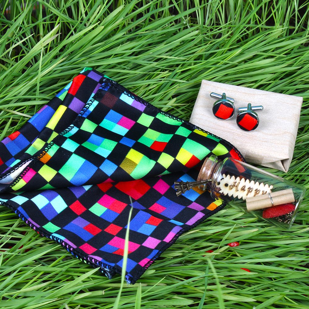 Polyester Chexs Print Cufflinks and Handkerchief and Message Scroll Bottle