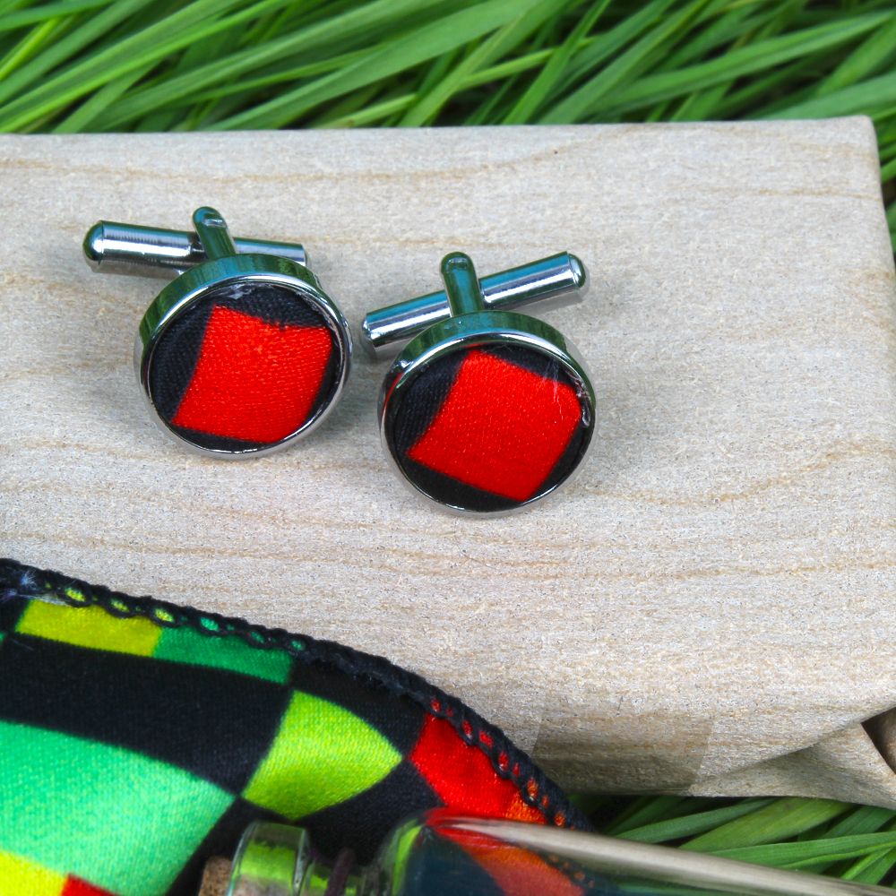 Polyester Chexs Print Cufflinks and Handkerchief and Message Scroll Bottle