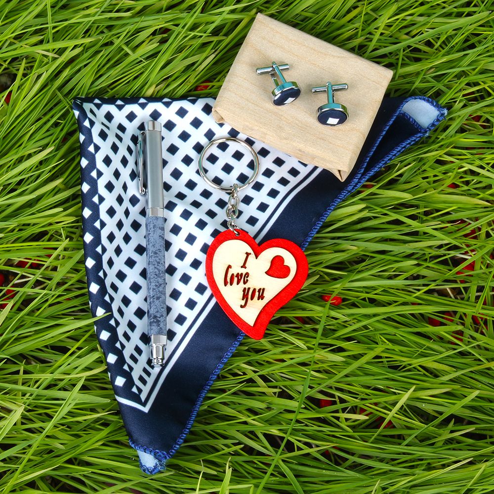 Love Key Chain with Marbel Print Pen and Cufflinks Handkerchief Combo