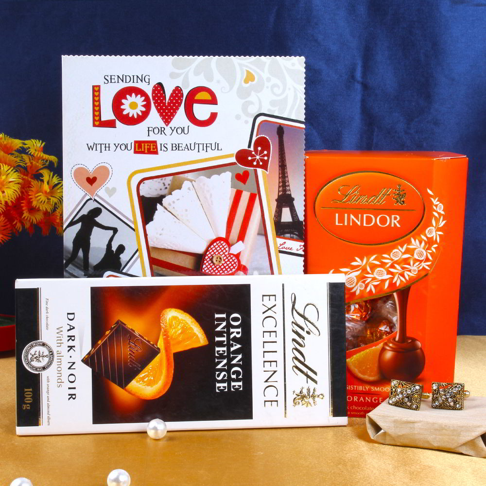 Lindt Chocolate Set with Ethnic Design Golden Cufflink and Love Greeting Card