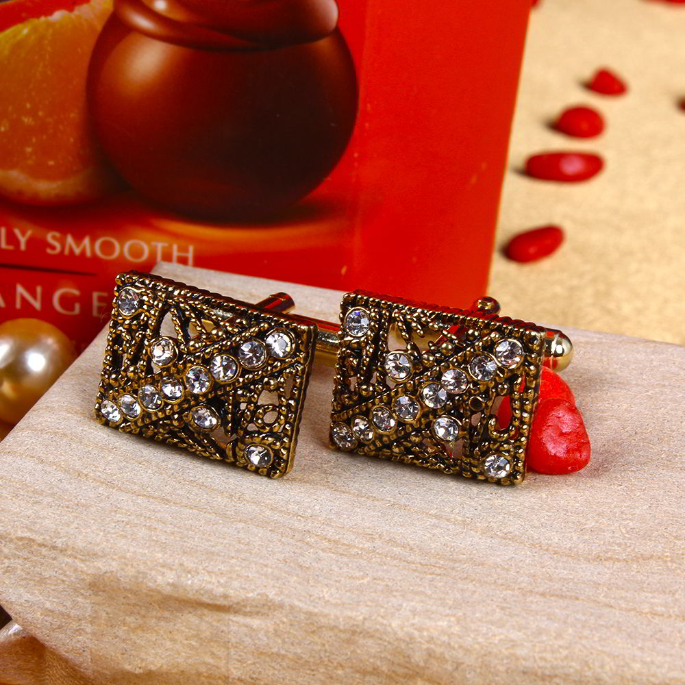 Lindt Chocolate Set with Ethnic Design Golden Cufflink and Love Greeting Card