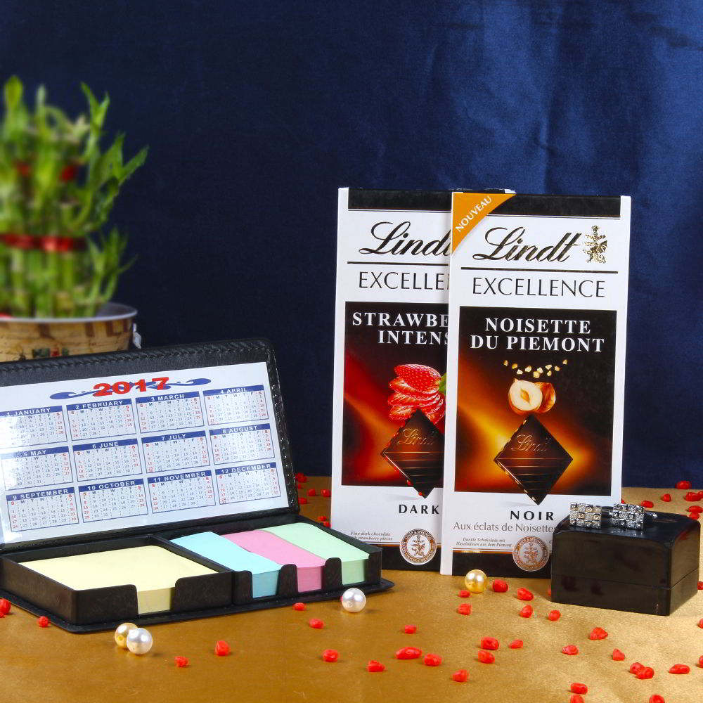 Lindt Excellence Chocolate Bar with Silver Cufflink and Sticky Notes Diary