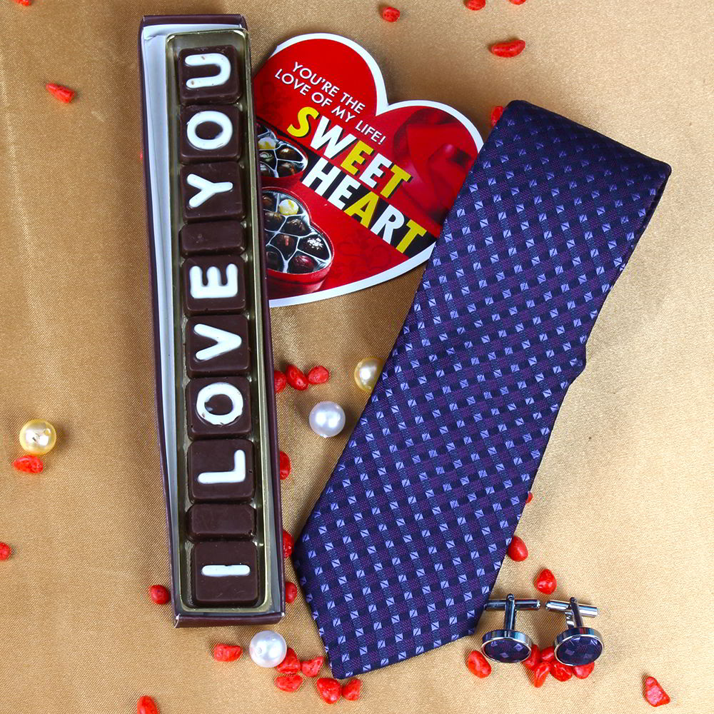 Purple Weaved Tie Cufflink with I Love You Letter Homemade Chocolate and Love Greeting Card