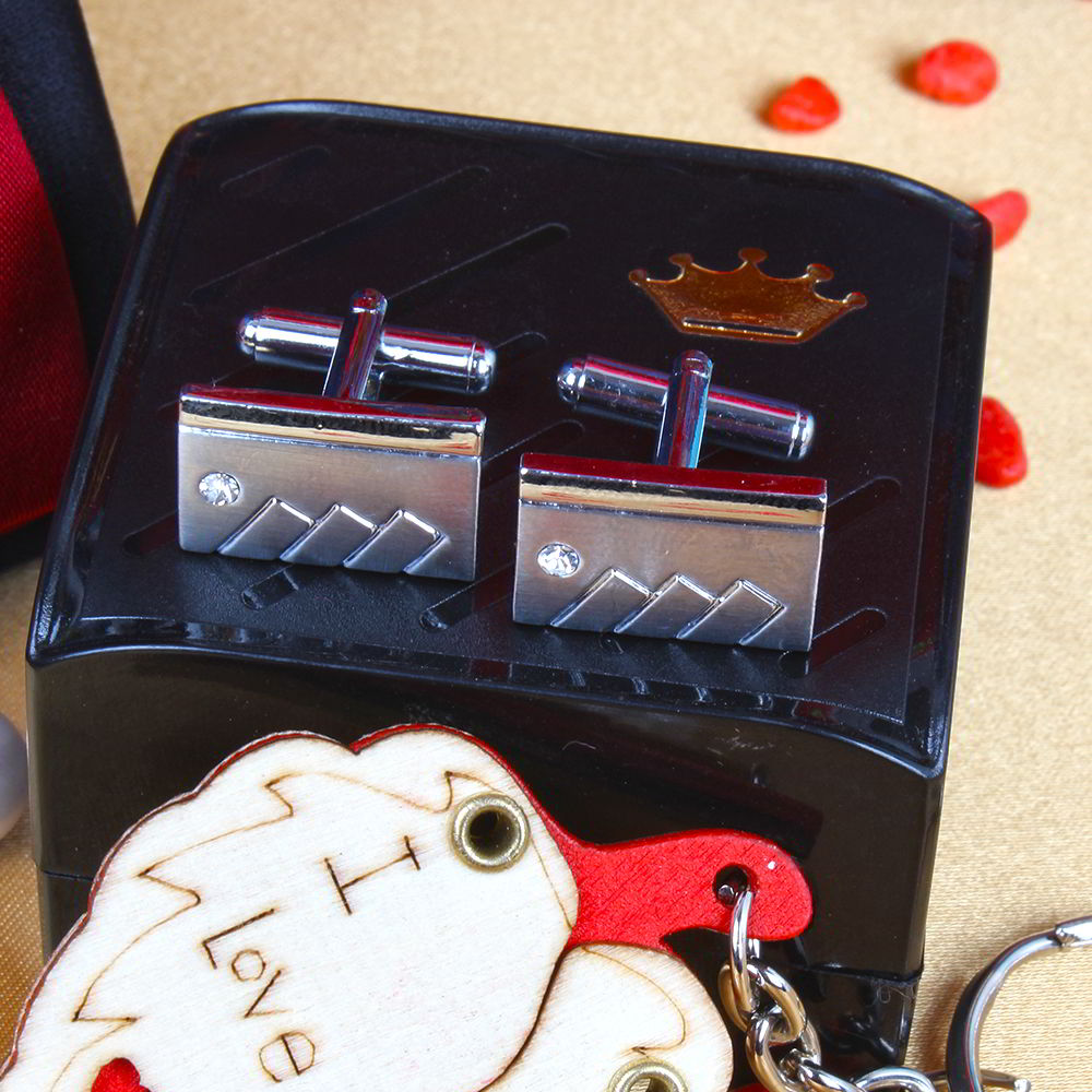 Micro Jacquard Red and Black Panel Bow Tie with Leaf I Love You Key Chain and Rectangle Shape Silver Cufflink