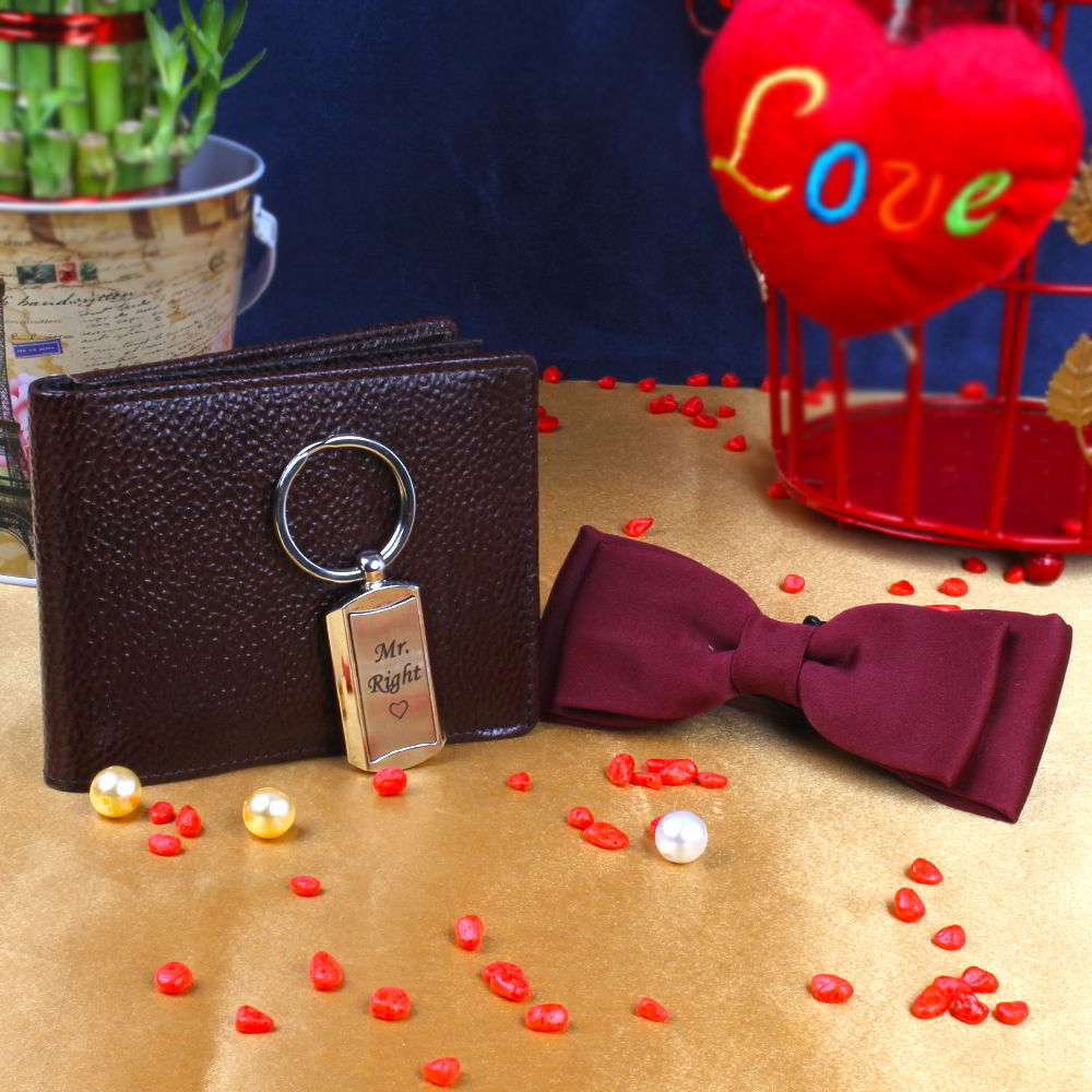 Marron Polyester Dual Bow with Mr.Right Key Chain and Brown Wallet