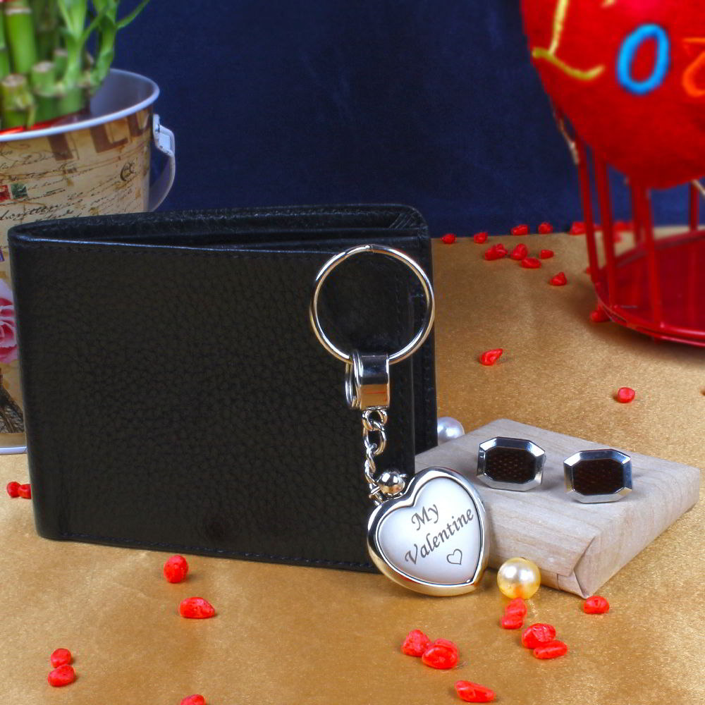 My Valentine Silver Key Chain with Silver Tone Marron Patterned Cufflinks and Black Wallet