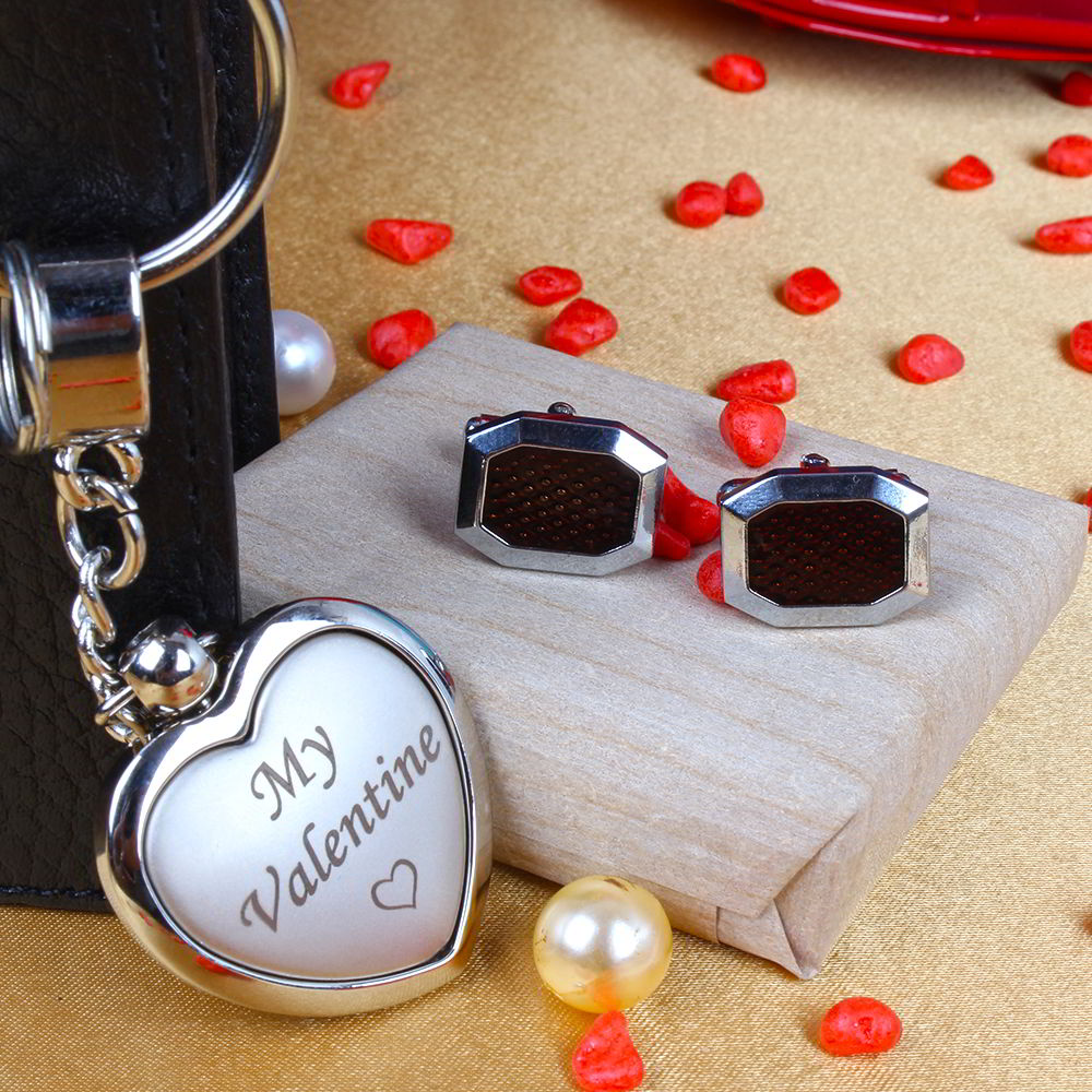 My Valentine Silver Key Chain with Silver Tone Marron Patterned Cufflinks and Black Wallet