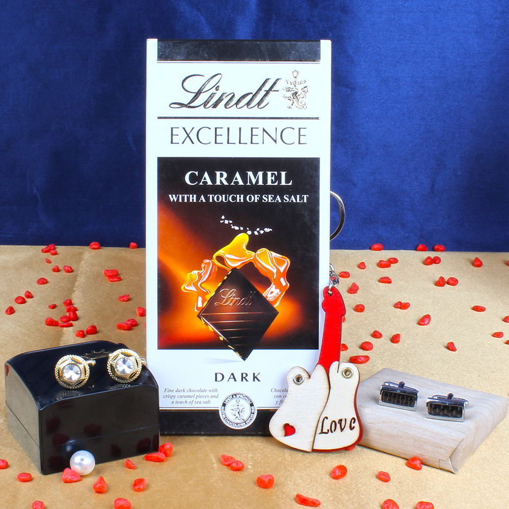 Cufflinks Set with Lindt Excellence Dark Caramel and Love Guitar Key Chain