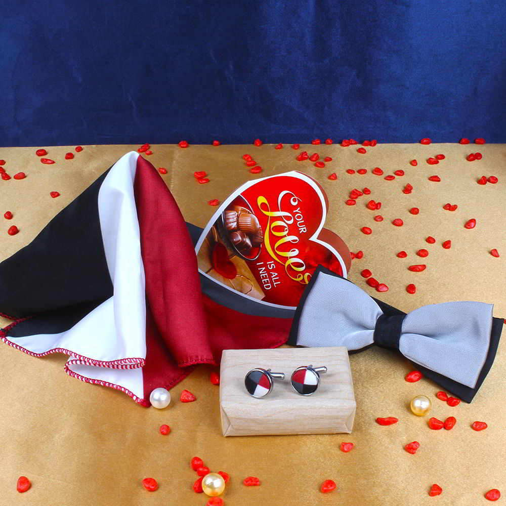 Cufflink Handkerchief with Silver Panel Bow and Love Card