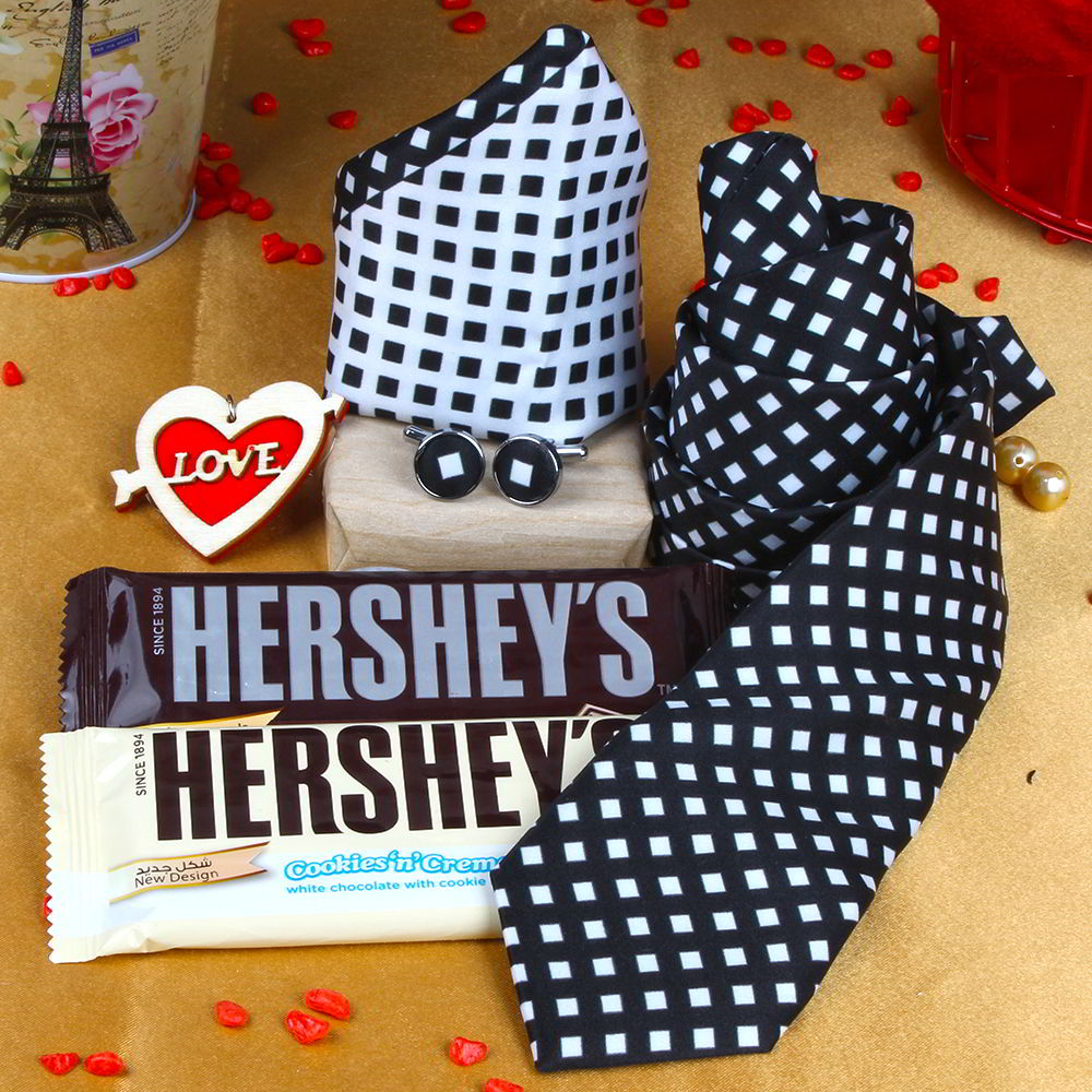 Black White Tie Combination Gift with Hersheys Chocolate and Love Key Chain