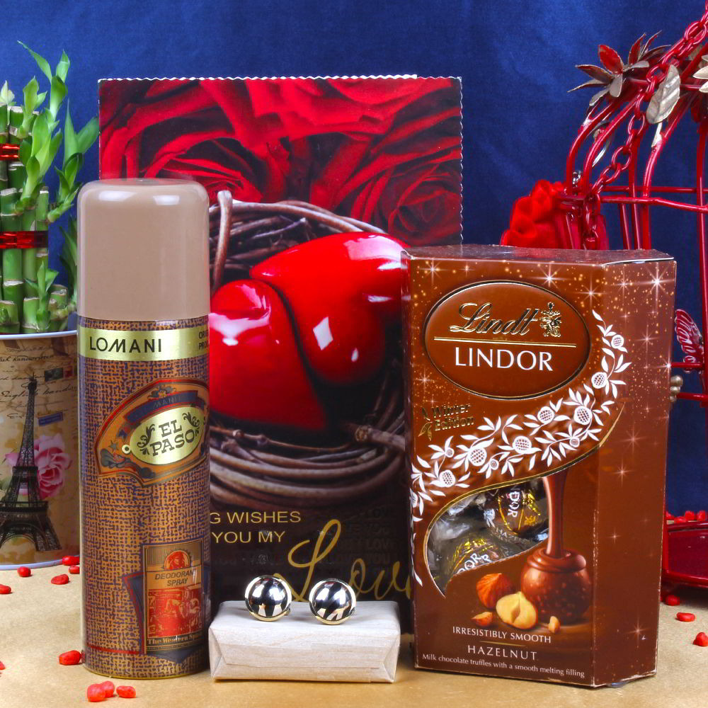 Lomani Deo with Lindor and Love Card Including Golden Frame Black Line Cufflink