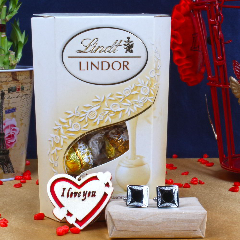 Lindor White Chocolate with Love Key Chain and Square Designer Cufflinks