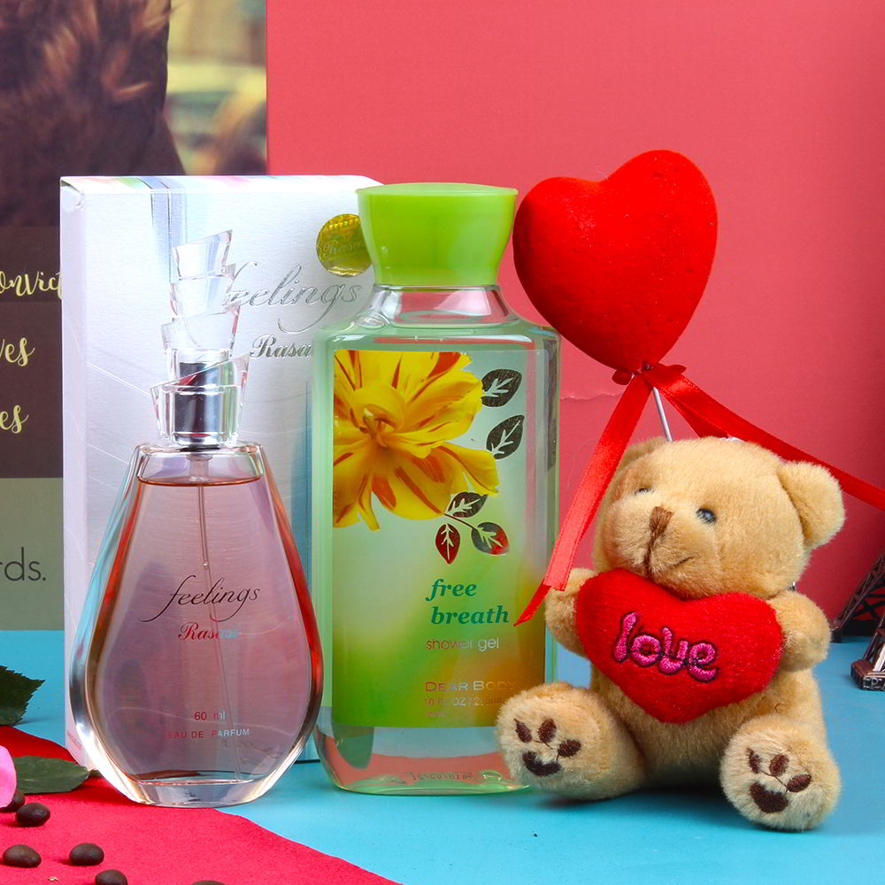 Feelings Rasasi Perfume and Free Breath Shower Gel with Love Teddy Bear for Her