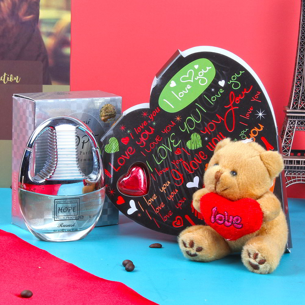 Rasasi Hope Parfum and I Love You Heart Shape Chocolate with Love Teddy Bear Combo for Her